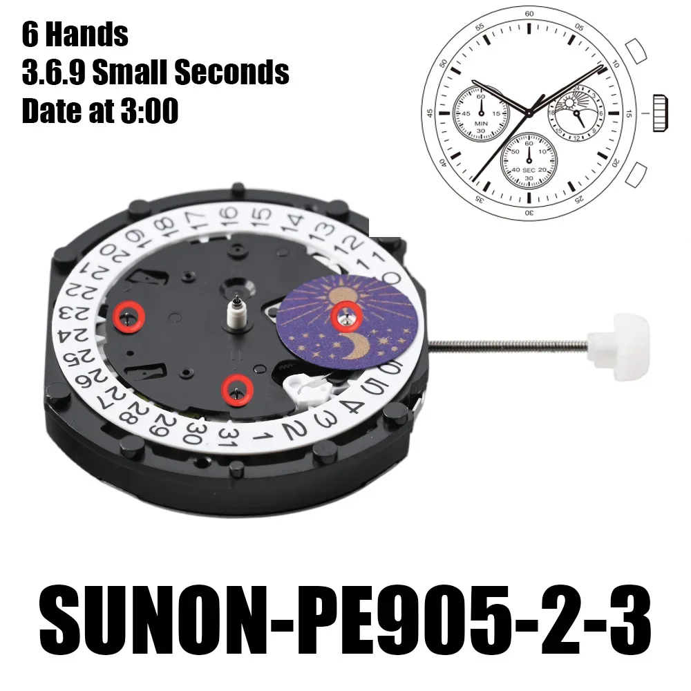 Механизм PE905 sunon PE905-2 Mov Milf 6 стрелок Солнце и Луна 3 9 Малые секунды Дата в 3:00 PE905-2-3