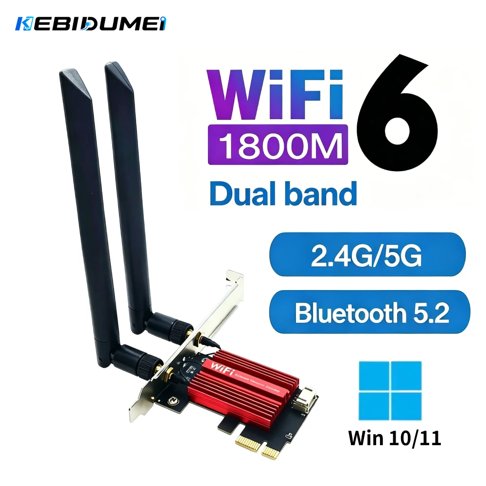 Фото Беспроводной адаптер KEBIDUMEI WiFi 6 AX1800 PCI-E, сетевая карта WiFi5 AC1200, двухдиапазонный 2,4G/5G, Bluetooth для настольных ПК и ноутбуков, Win10/11 №1