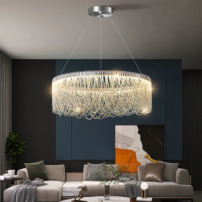 

Modern Fringe LED Chandelier Light Living Room Suspension Luminaires Chrome Round/Oval Bedroom Lustre Tassel Aluminum Chain Lamp