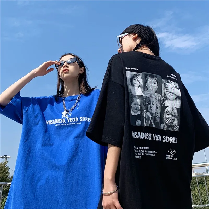 

ZCSMLL Trendy American short sleeve t-shirt men's summer high street funny printed cotton 5-sleeve loose couple top trendy