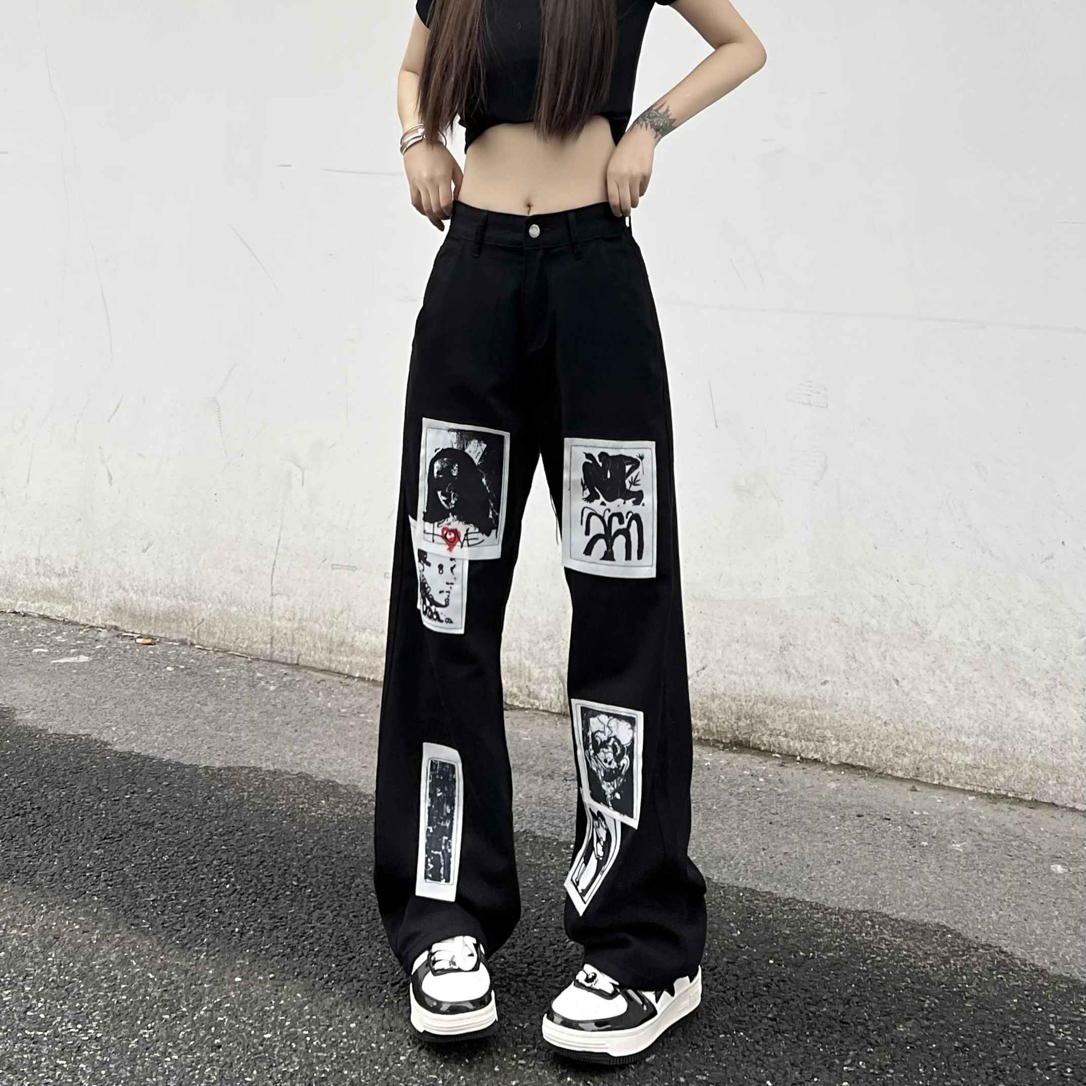 Graffiti American Style Print Women's Black Jeans Denim Pant trousers hip hop hippie clothes 2023 harajuku streetwear y2k summer