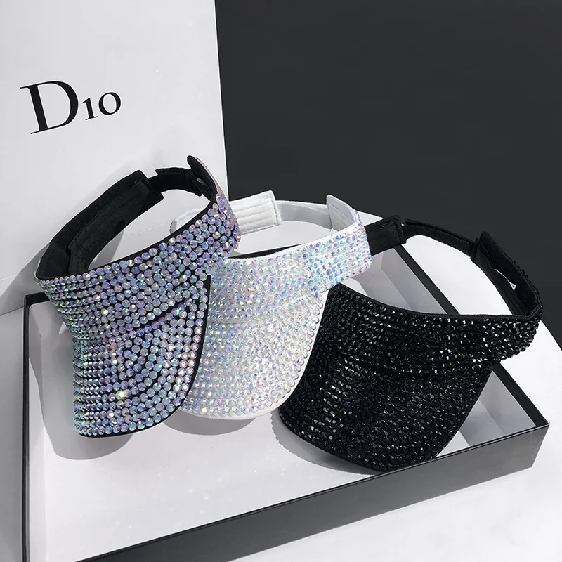 

Shining Rhinestones Sun Hat Travel Beach Empty Top Visor Bling Lady Cap Fashion Vacation Outfit Crystal Diamonds Sunshade Cap