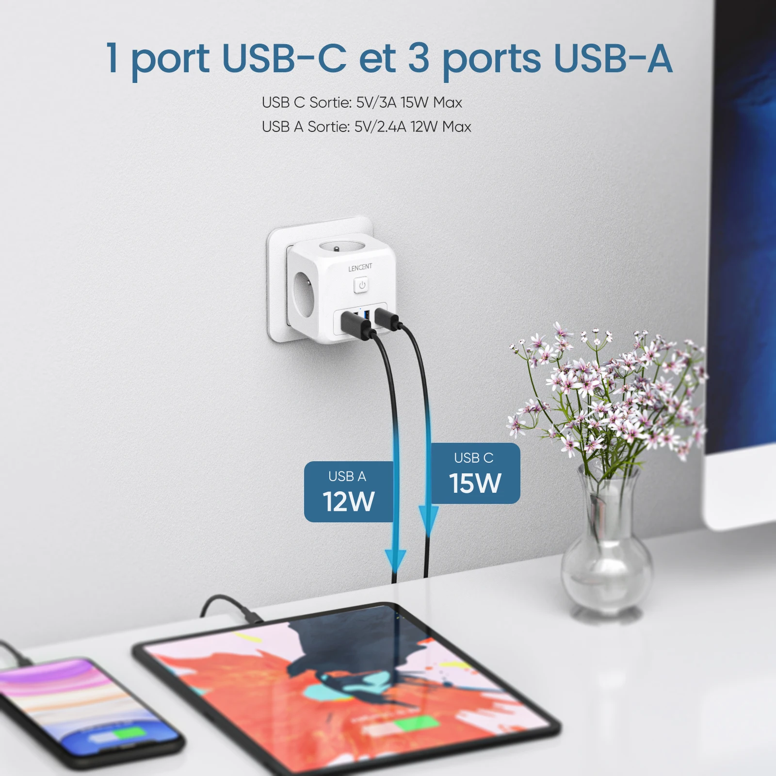 Настенная розетка LENCENT FR 7 в 1 с 3 USB-портами + розетками переменного тока Type C -