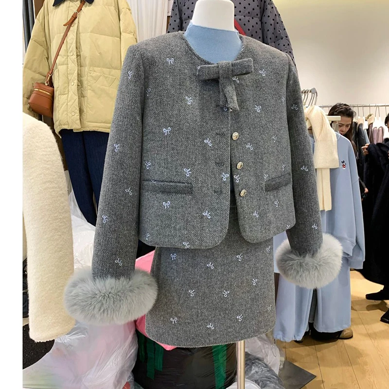 Весенне-зимний комплект из двух предметов с узлом-бабочкой шерстяная меховая