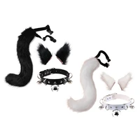 plush cat ears hair clip furry wolf tail with faux leather bell neck choker necklace set anime animal cosplay costume