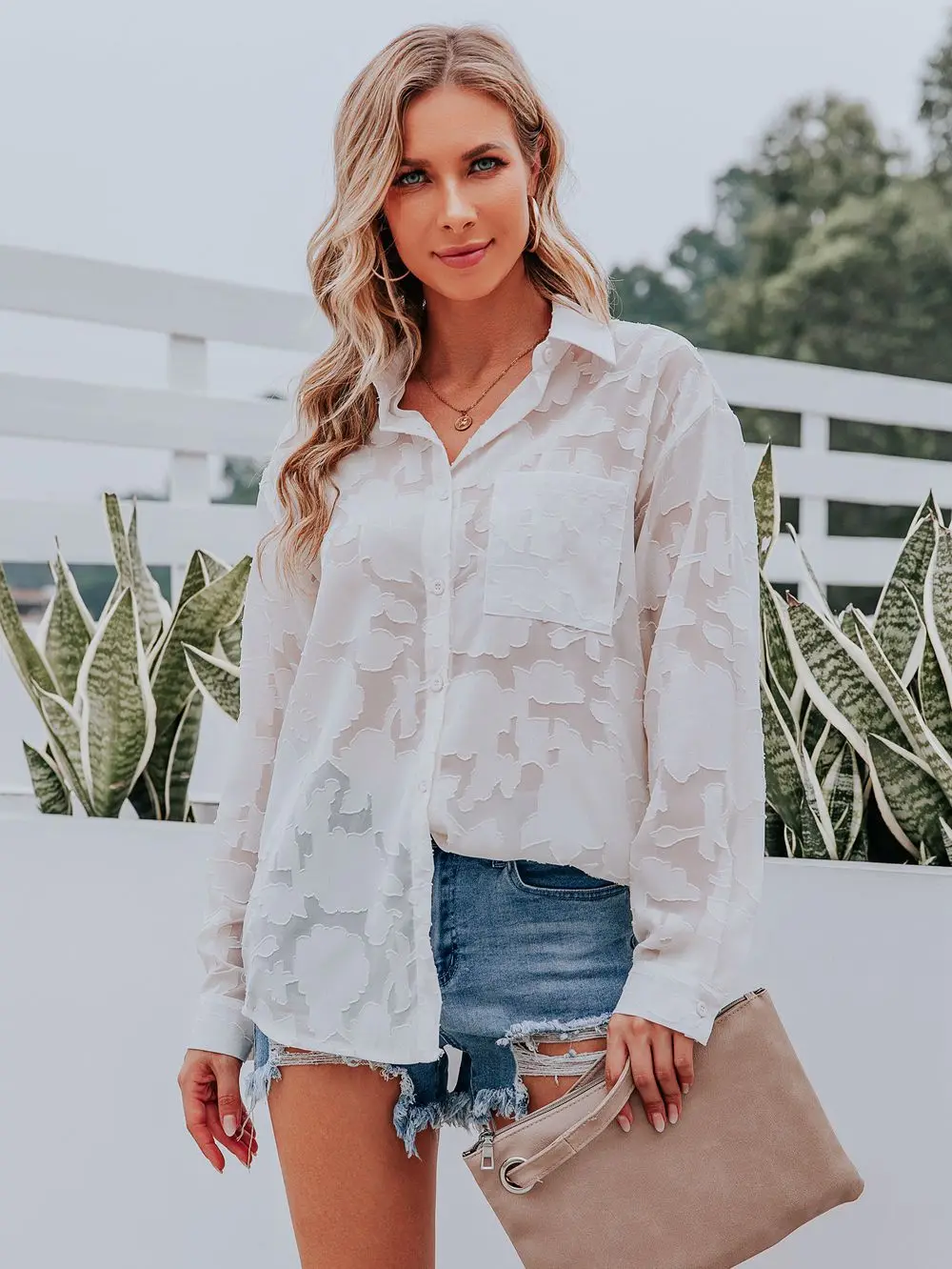 

Женская рубашка на пуговицах, Повседневная шифоновая жаккардовая блузка с отложным воротником и длинным рукавом, кардиган на весну и лето