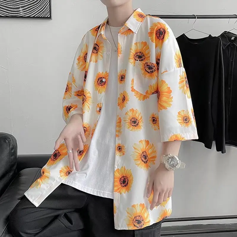 

Flower Graphic Men's Shirts 2022 Japanness Harajuku Short Sleeved Pocket with Turn-down Collar Shirt High Street Men Clothing