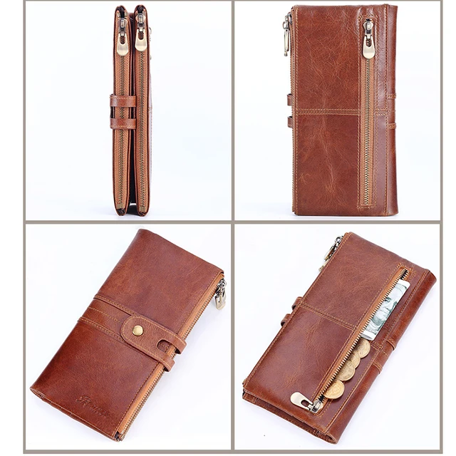 Long Zipper Genuine Leather Wallets for Men RFID Blocking Card Holder Bag Coin Purse Vintage Cow Skin Wallet Man 2