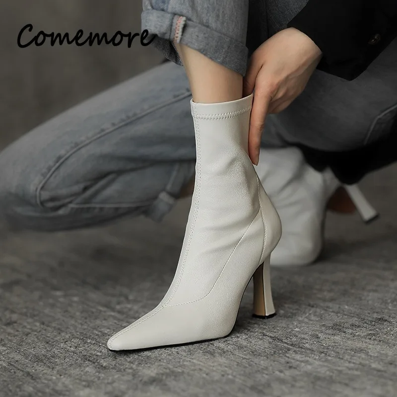 

Comemore Pointed Toe Tight Boots Black Booties Heeled Fashion Ankle Boot Retro Ladies Shoe Botas High Heels Dress Luxury Shoes