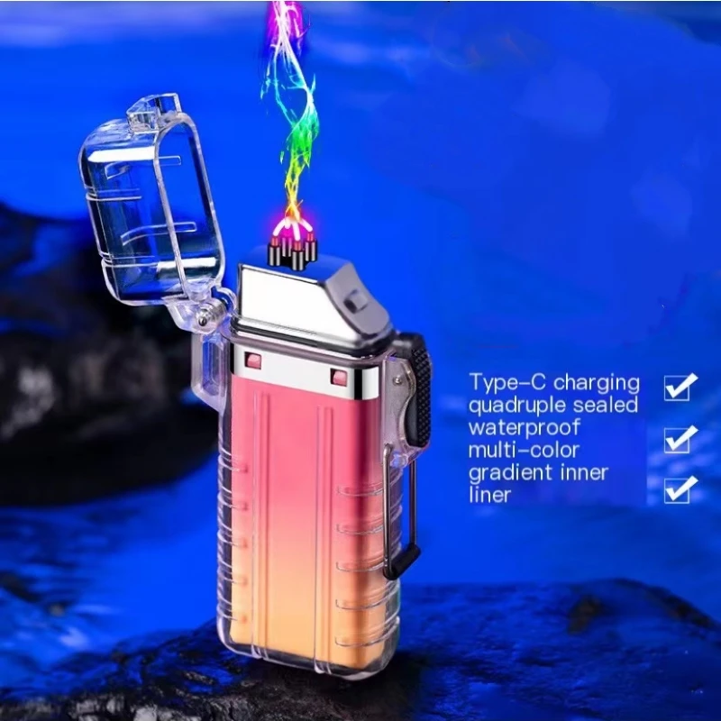

Transparent Shell Gradient Dual Arc USB Charging Lighter Outdoor Waterproof Mountaineering Camping Smoking Accessories Gadgets
