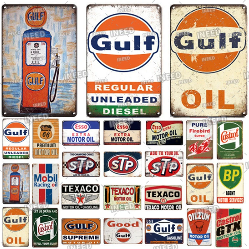Plaque Metal Garage Gulf Motor Gas Oil Metal Plate Tin Metal Sign Vintage Retro Poster For Gas Station Garage Pub Bar Wall Decor