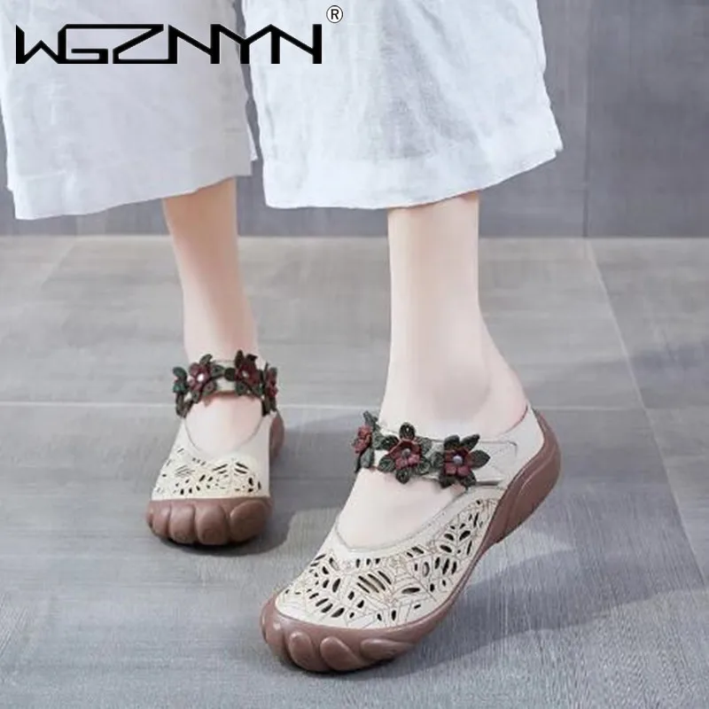 

2022 New Genuine PU Leather Vintage Soft Bottomed Beach Slippers for Spring and Summer Fashion Flowers Pure Handmade Retro Shoes