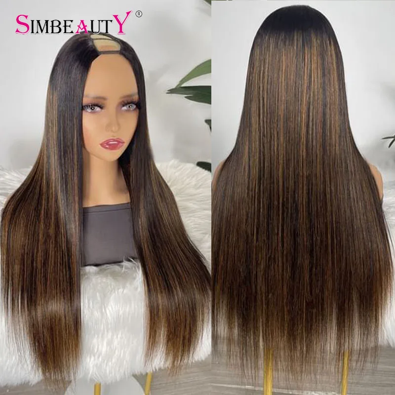 

1x4 U Part Dark Auburn Highlight Brown Human Hair Wigs New Glueless Opening V Part Silky Straight Wigs Adjustble Straps 6Clips