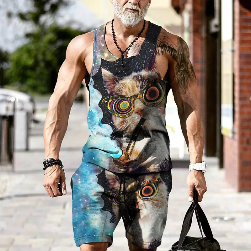 

Animal Print Cat 2022 Men's Suit Summer Fashion Men 2 Piece Set Vest Shorts Gym Clothes Jogging Tracksuit Sleeveless T-Shirt