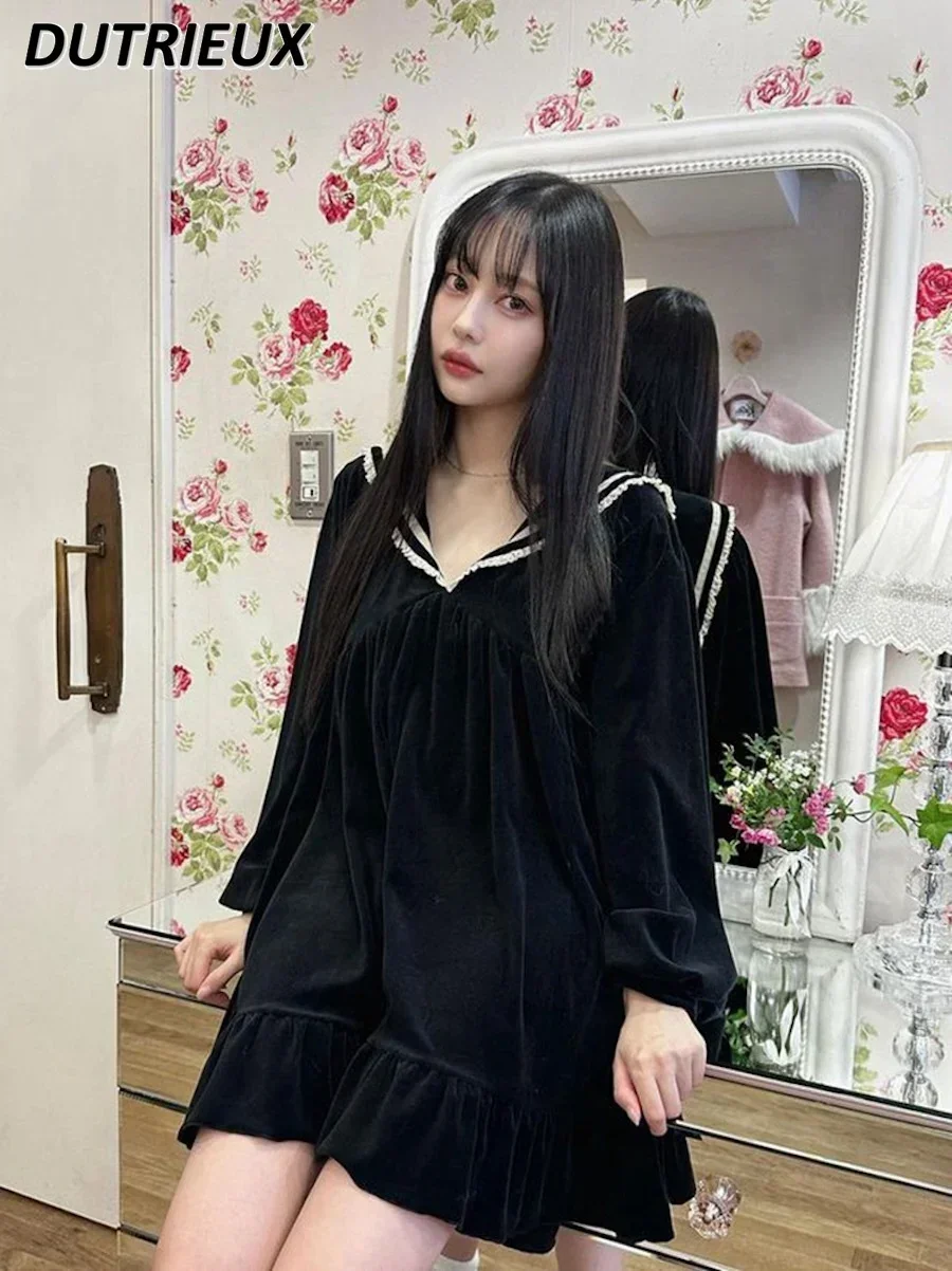 

Sweet Embroidered Letter Hollow Lace Girl Color Matching Black Short Dress Navy Large Lapel Gentle Long Sleeve Velvet Dress