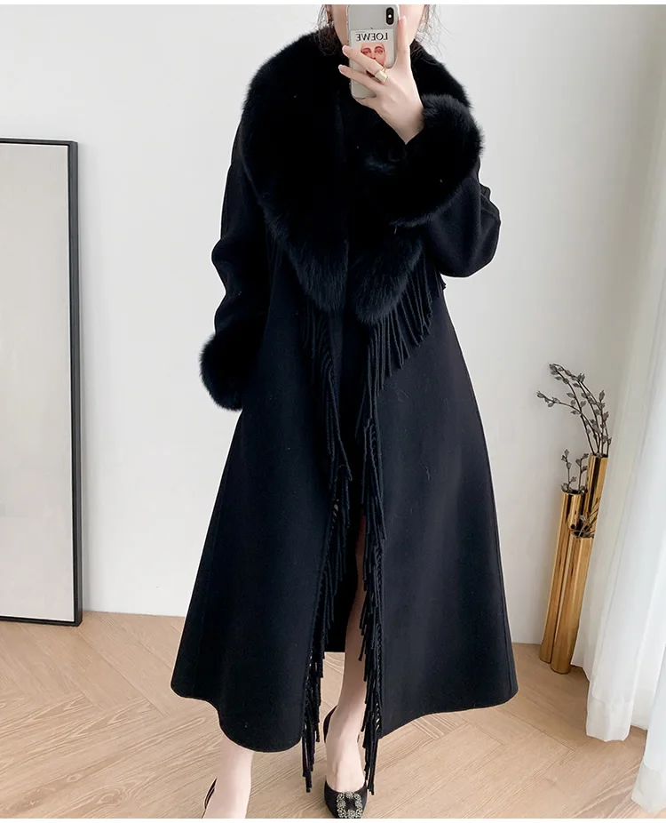 New Winter Women Cashmere Wool Jacket Real Fur Coat X-long Tassel Female Clothing Office Lady Overcoat Big Fox Fur Collar Belt