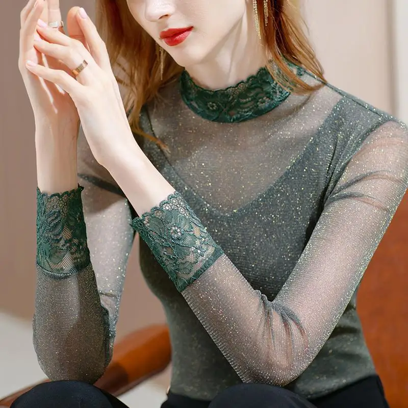 

Woman 2023 Spring Autumn New Gauze Lace Sexy Shirts Female Long Sleeve Elegant Tops Ladies Half High Collar Slim Blouses G442