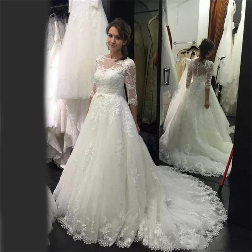 

Simple 2023 Sheer Neck Bridal Gowns Nova Lace Modest Country 3/4 Sleeves A Line Wedding Dress Custom Made Plus Vestido De Novia