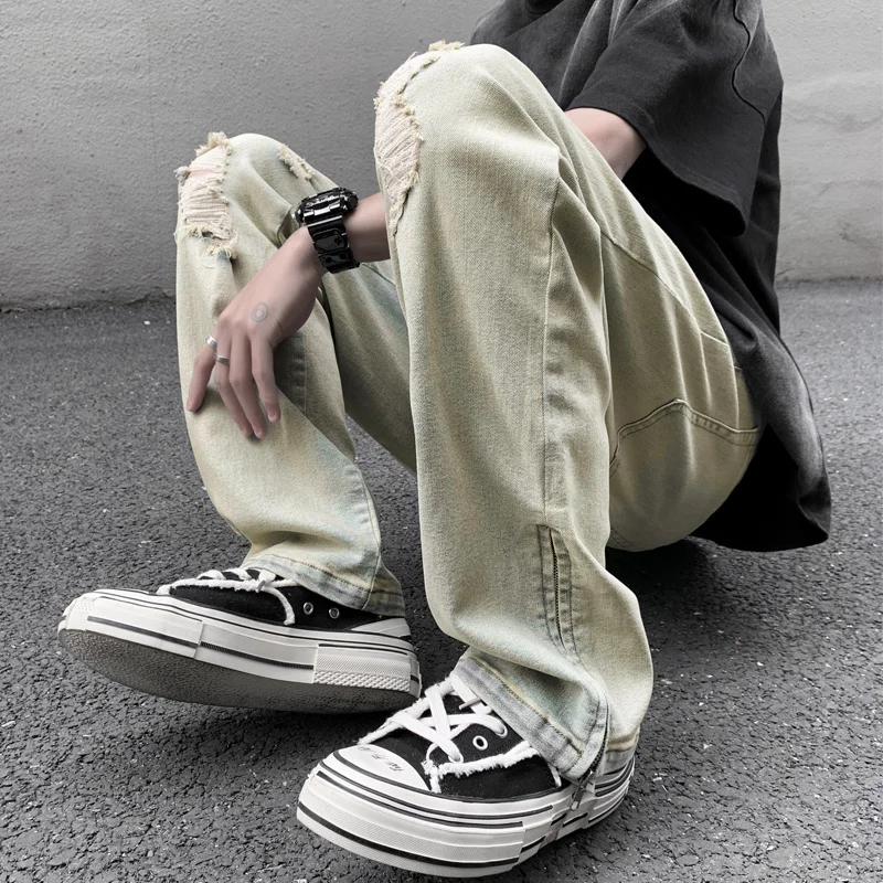 Blue/Black Hripped Jeans Men Slim Fashion Casual Straight Jeans Men Streetwear Loose Hip Hop Hole Denim Pants mens Trousers