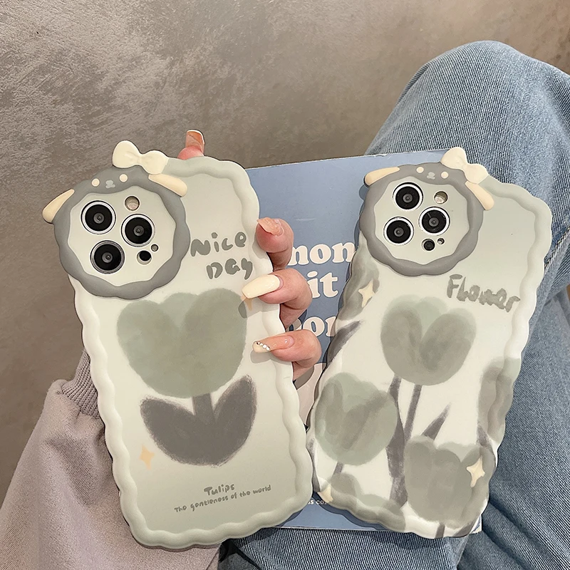 

Pretty Flowers Tulips 3D Case For iPhone 14 Pro 13 11 12 Pro Max XS XR 14 Plus Camera Lens Protector Soft Back Cover