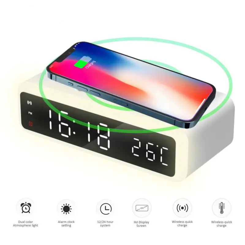 

LED Electric Alarm Clock With Phone Charger Wireless Desktop Digital Thermometer Clock HD Clock Mirror With Time Memory