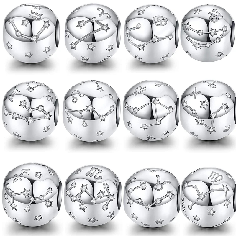 

Подлинные Подвески 925 пробы Серебряные 12 созвездий зодиака круглые бусины подходят для оригинальных браслетов Pandora Подвески Gemini ювелирные изделия