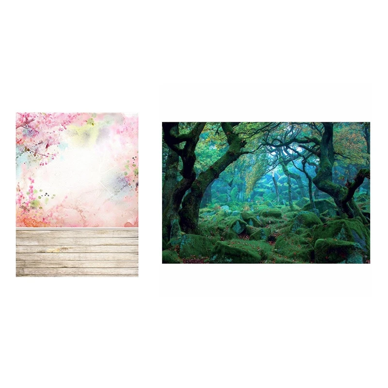 

2Set 3X5ft Photography Backdrop Studio Props Photo Background, Pink Flowers & Green Jungle Forest