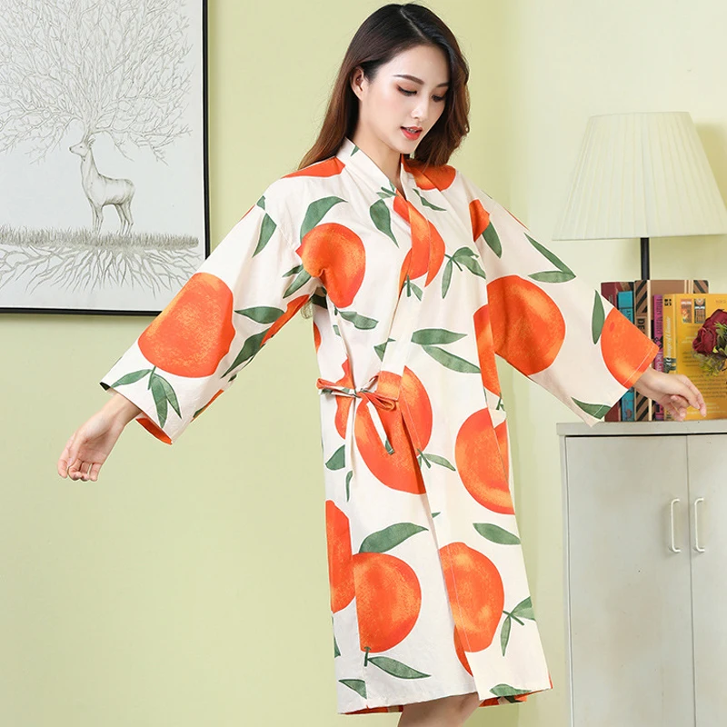 Spring Cotton Bathrobe Women Thin Robe Japanese Cardigan Laced Bathrobe Long Sleeves Print Kimono Robes Women Sexy Pijamas