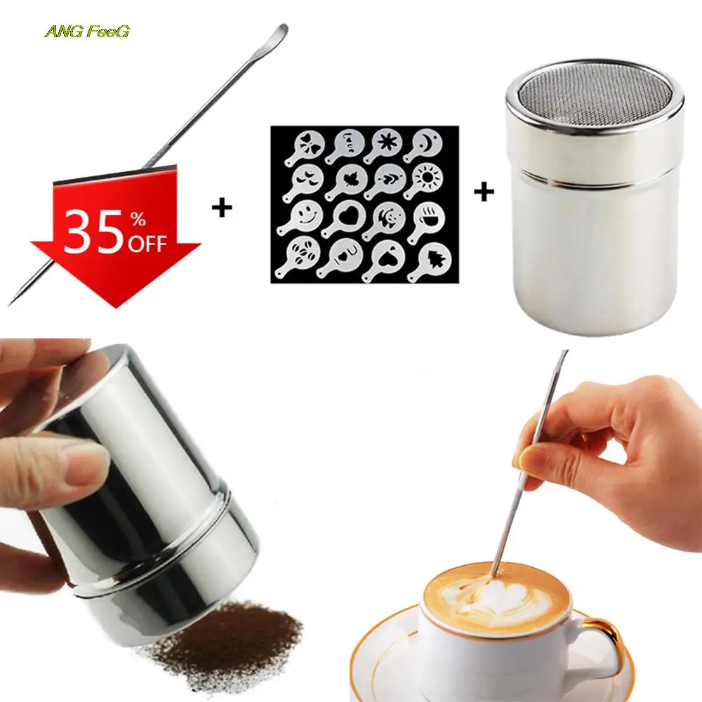 

Coffee Foam Latte Art Template Stencils Stainless Steel Needle Powder Duster Set Easy-clean Plastic Coffee Tools Accessories
