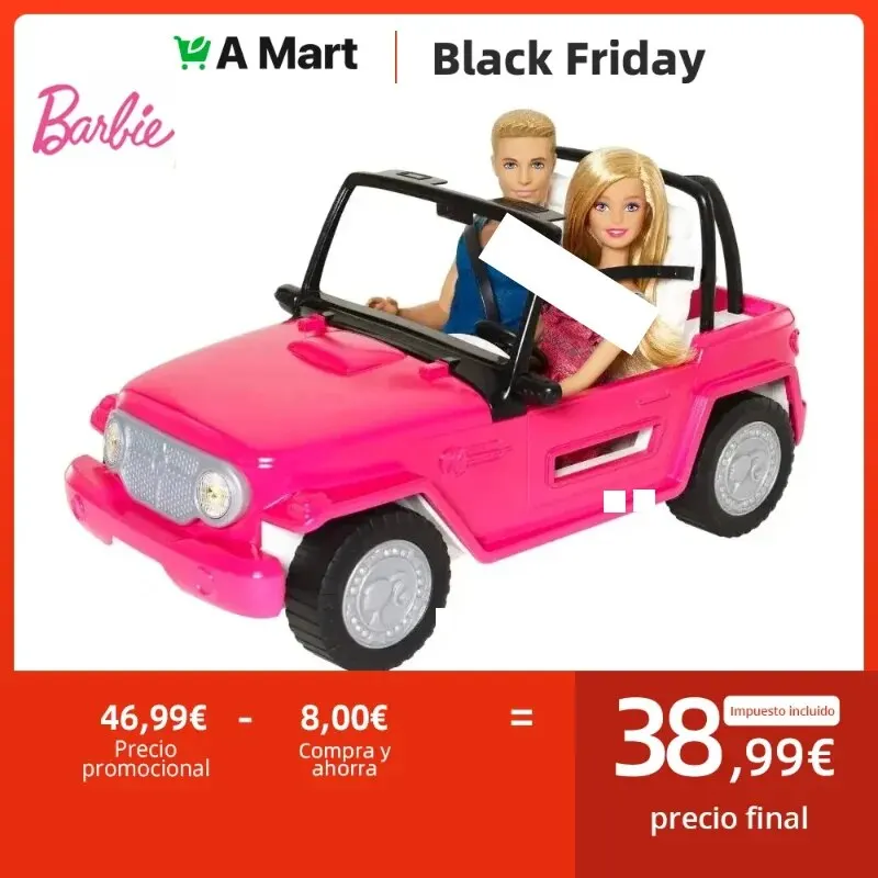 Barbie Car Beach Cruiser con muñeca con vestido veraniego y traje de Ken, juguete abierto rosa de 2 plazas