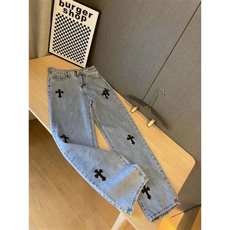 

22ss spring and summer new leather cross high waist straight pants casual jeans ladies trousers loose blue jeans