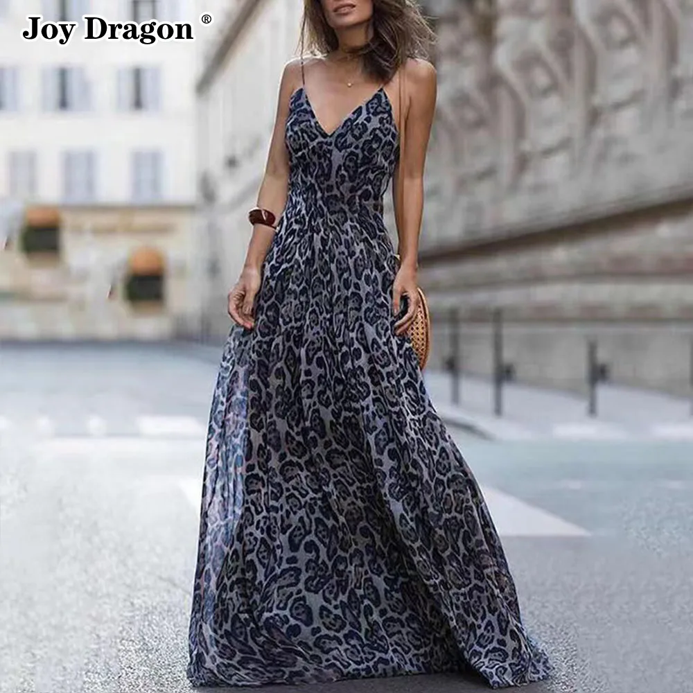 

2023 Fashion Summer New Leopard Print V Neck Sexy Suspender Backless Dress Sleeveless Floor Length Skirt Elegant Loose