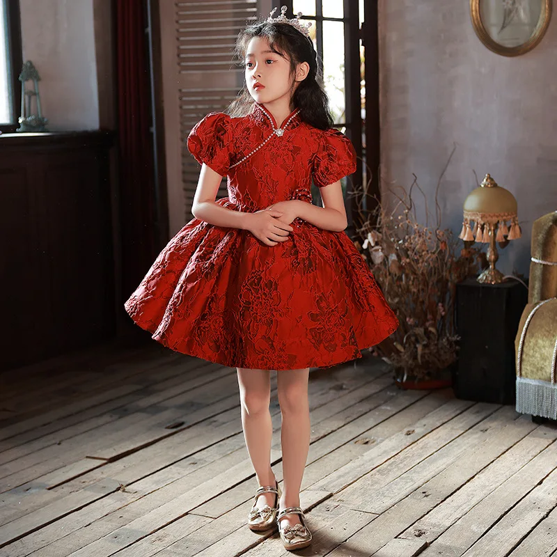 

Red Wedding Flower Girl Dress Children Beading Puf Sleeve Jacquard Birthday Party Evening Ball Gown Kids Girl Prom Dress y525
