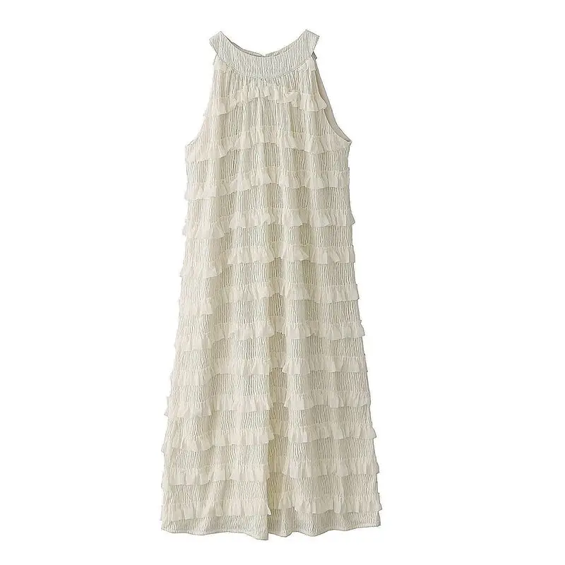 Женское приталенное платье средней длины без рукавов с воротником хомутом