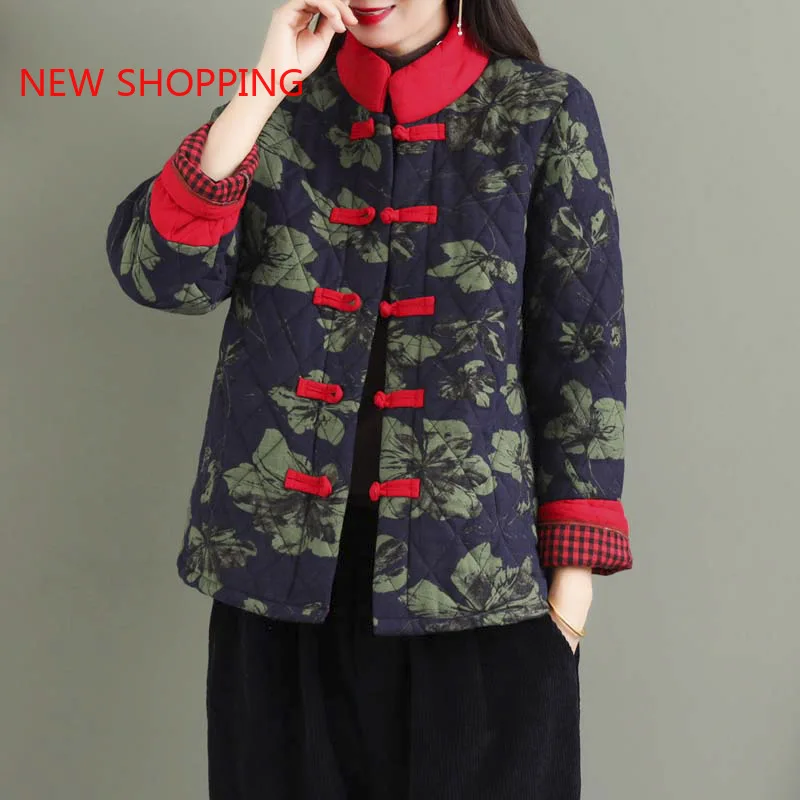 Women Retro Cotton Coat Vintage Ethnic Style Flowers Print Parka Fashion Qipao Tops Elegant Hanfu Winter Parkas Jackets Outwear