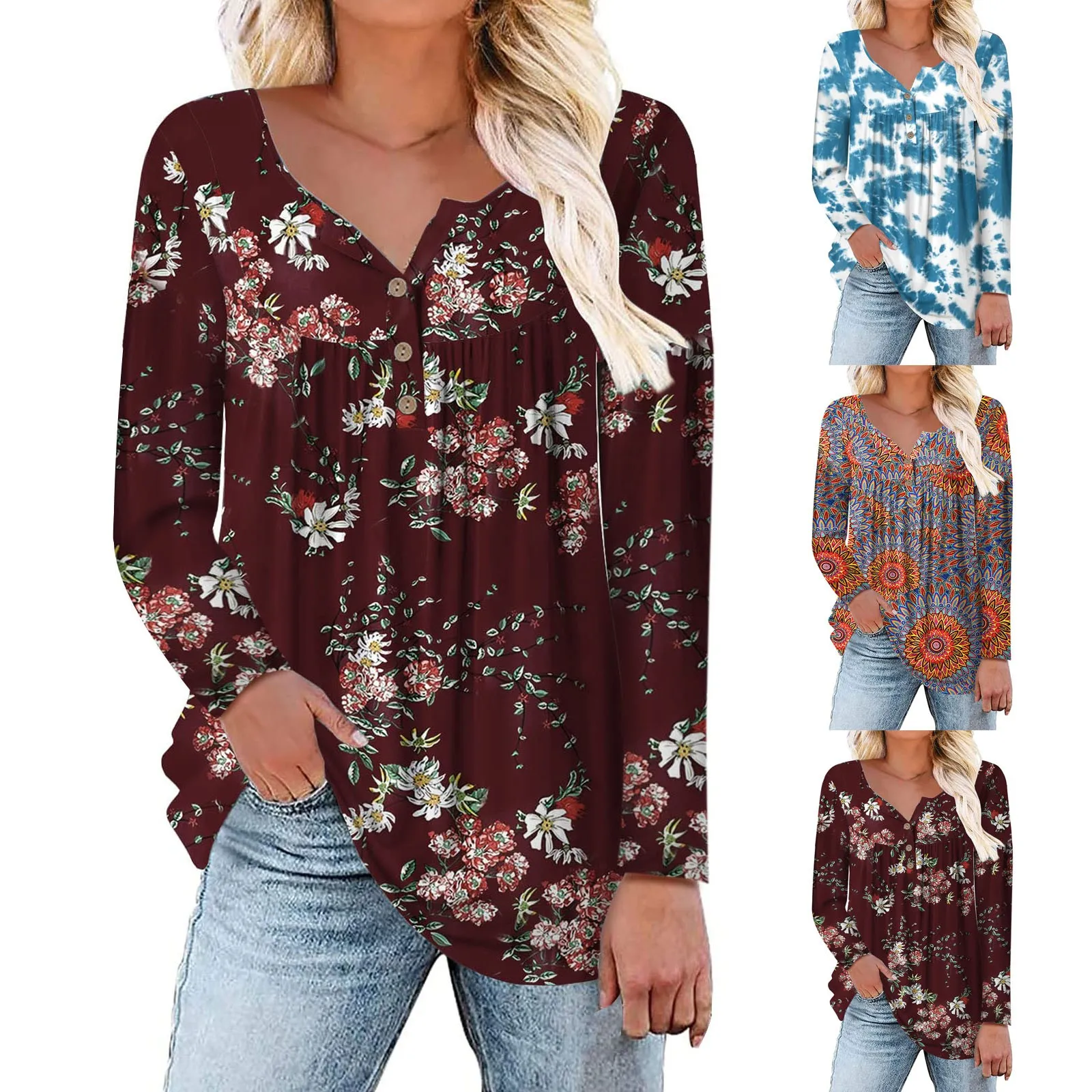 

Womens Tops Fall Shirts V Neck Blouses Buttons Up Tee Flowy Pleated Tunics Workout Top Long Sleeve Women Ladies Polyester Shirts