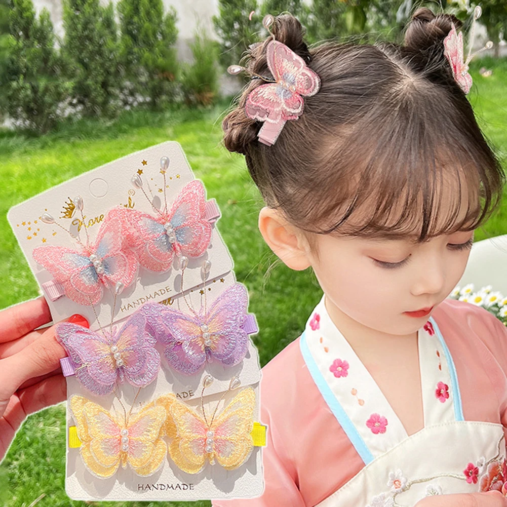 

2Pcs Embroidered Butterfly Hair Clips For Baby Girls Pearl Kids Hairpins Hair Accessories Exquisite Headwear Hair Clip Appliques