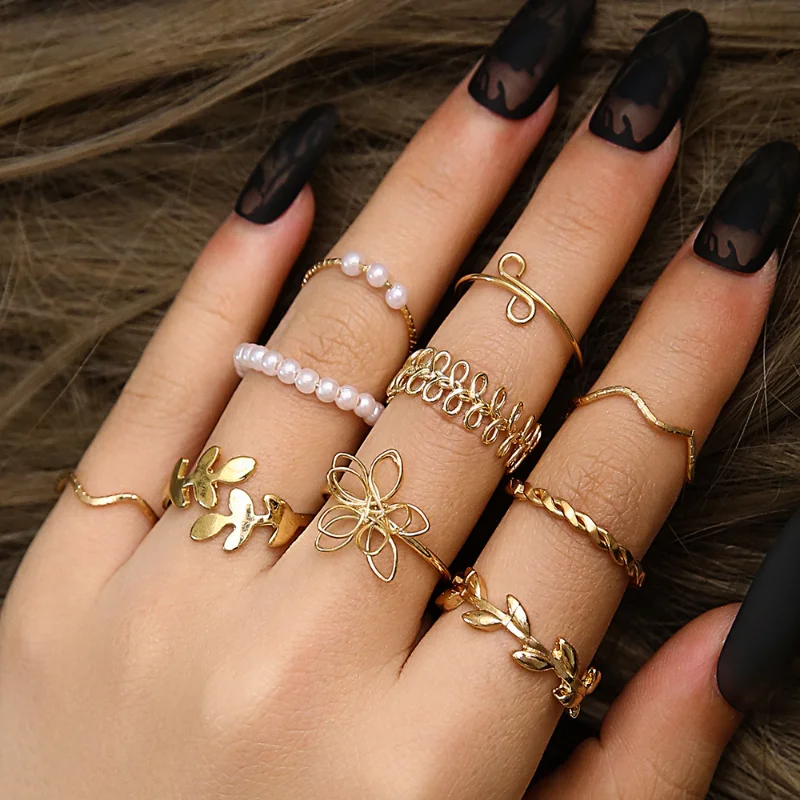 

10pc Charming Women's Temperament Jewelry Diamond Carved Out Flower Pearl Set Ring for Women's Wedding Engagement Ring Jewelry