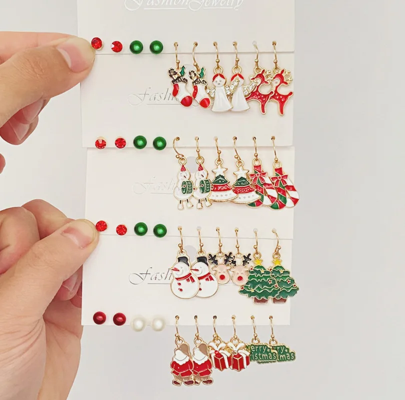 

Christmas Earrings For Women Girls Party Gift New Year Sweet Cute Cartoon Snowmen Elk Santa Claus Christmas Tree Earrings Set