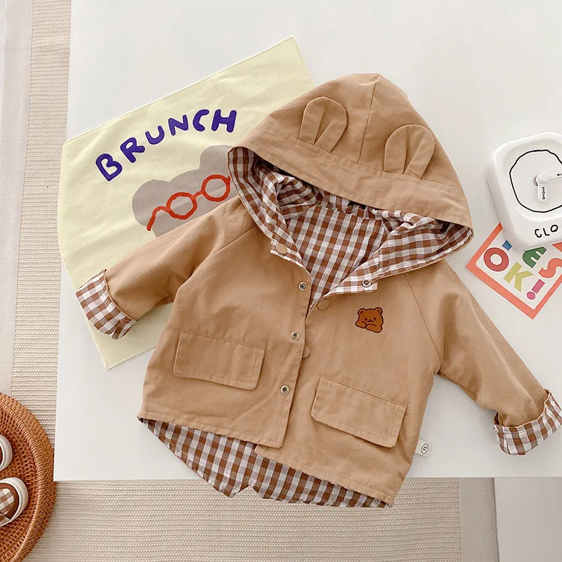 

Boys Cartoon Girls Bear Embroidery Kids Cotton Jackets Hooded Double-faced Casual Coats Outerwear
