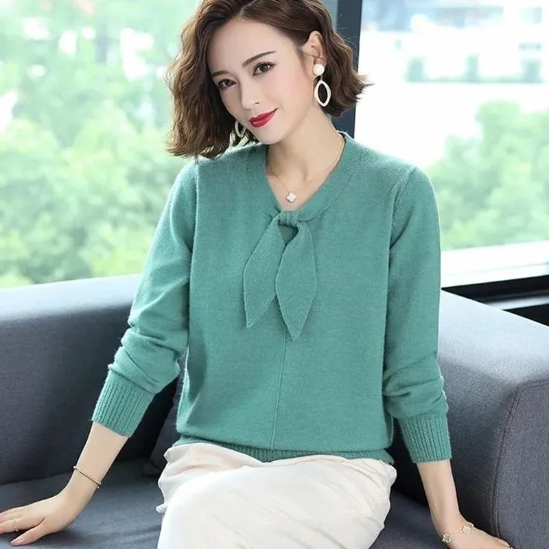 

Ladies Autumn Solid Color Knitted Harajuku Short Fashion Bow Tie Korean Pullovers Long Sleeve Sweater Thin Office Lady Base Top