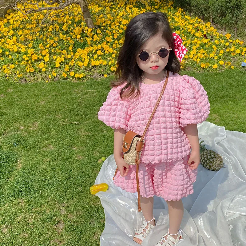 

Girls' Pink Foam Clothing Set 2022 Summer New Cute Cherry Powder Bubble Skirt + Princess Shirt Girls' Two-Piece Set 12M-6Years