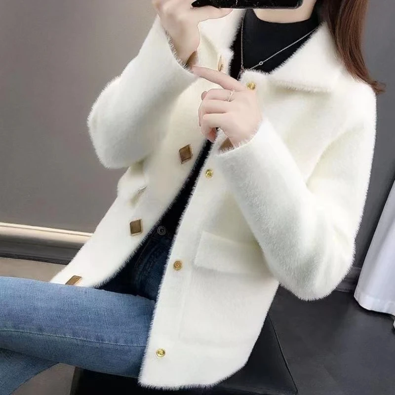 Winter Thicken Warm Imitation Mink Down Jacket 2022 New Women Single-Breasted Sequin Button Coat Turn-Down Collar Solid Cardigan