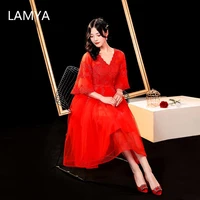 lamya toast small bride gown temperament high waist korean v neck red evening dress slimming mid length chinese small dress