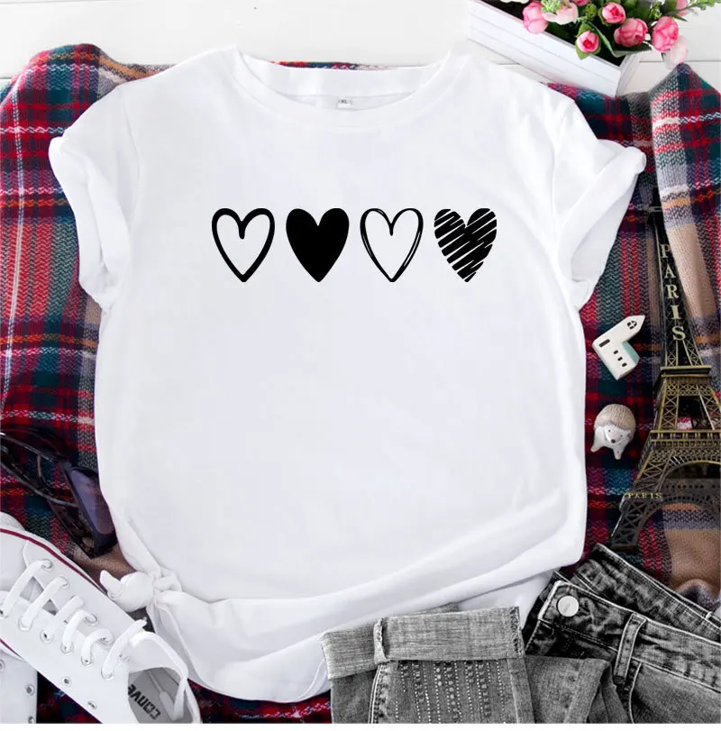 

Summer Cotton Women T Shirt 5XL Plus Size Love Print Short Sleeve Graphic Tee Tops Casual O-Neck Female TS