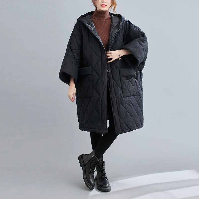 Literature and Art Long-sleeved Women's Autumn and Winter Style Loose Solid Color Mid-length Quilted Thick Hooded Cotton Coat
