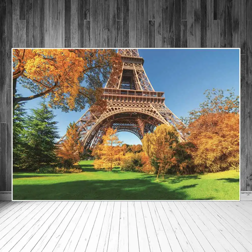 

Eiffel Tower Autumn Landscape Photography Backdrops Holiday Party Decoration Yellow Trees Grassland Sign Photo Backgrounds Props