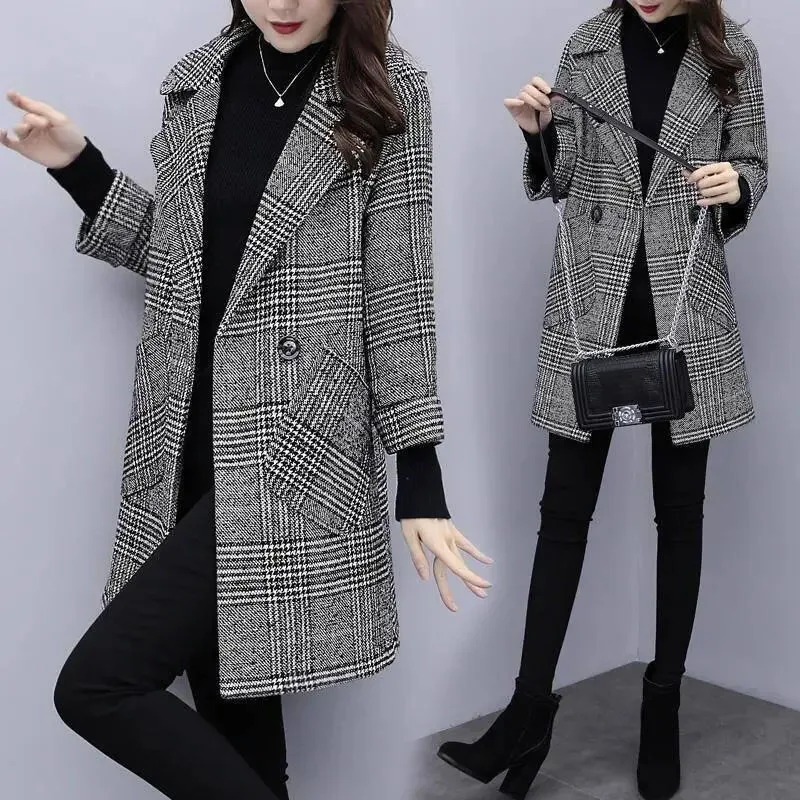 

New Autumn Winter Plaid Woolen Coat Plus Size Women's Long Woolen Coats Loose Thin Fashion Parker Overcoat Casual Blazer 4XL
