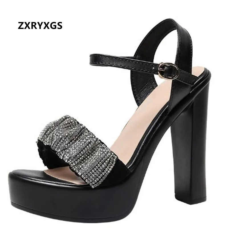 

2022 New Summer Premium Microfiber Leather Fish Mouth Sandals Catwalk High Heel Sandals Rhinestones Women Sandals Tide Big Size