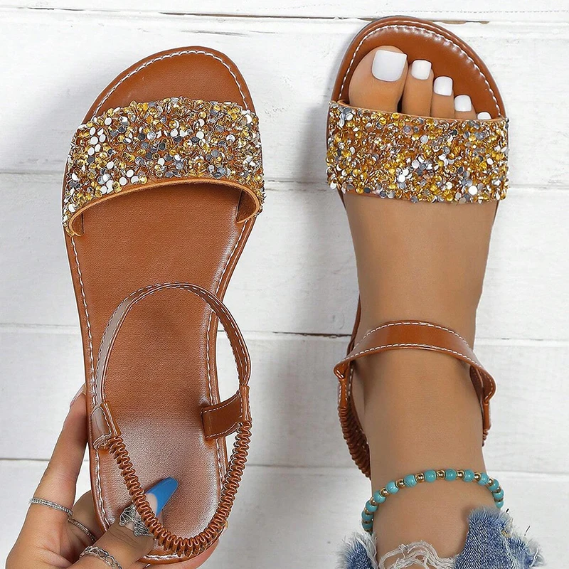 Women Sandal Glamorous Rhinestone Decor Sandals 2023 New Fashion Ankle Strap Summer Outdoor Slippers Casual Woman Female Shoes